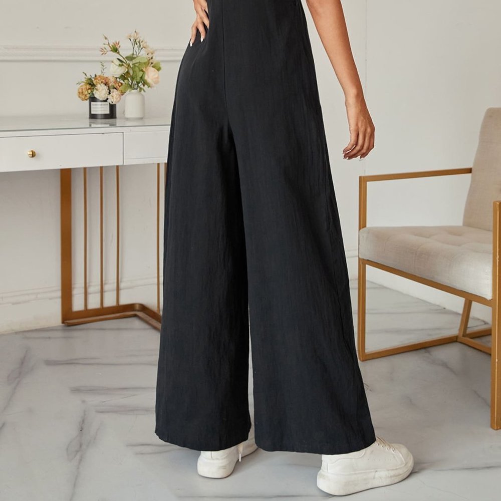 Black Casual Womens Solid Pocket Front Overall Jumpsuit Without Tee - Picture 2 of 5